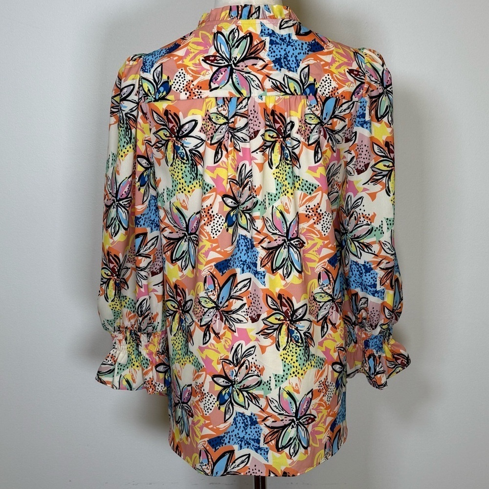 JADE | Melody Tam Colorful Floral 3/4 Sleeve Split Neck Blouse Women’s Size XS - Picture 5 of 10